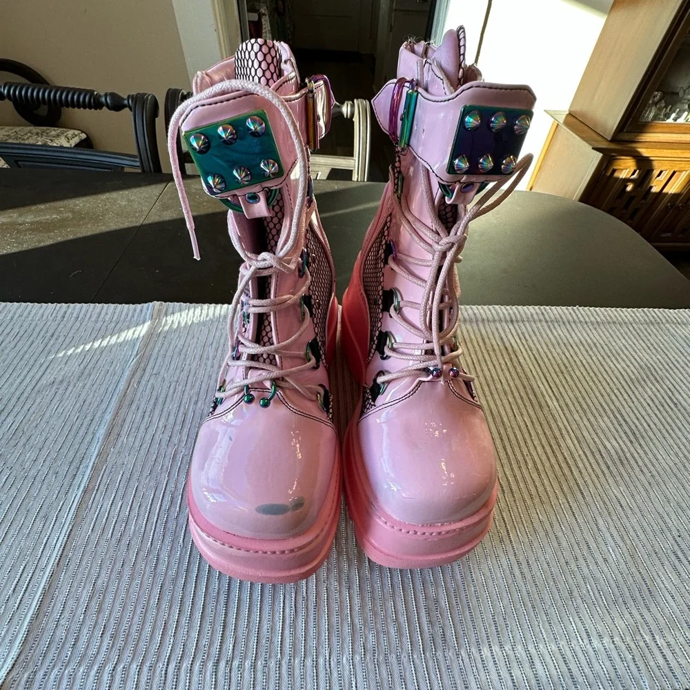 Demonia Pink Platform Combat Boots - Women's Chunky Lace-Up Boots - Picture 3 of 5